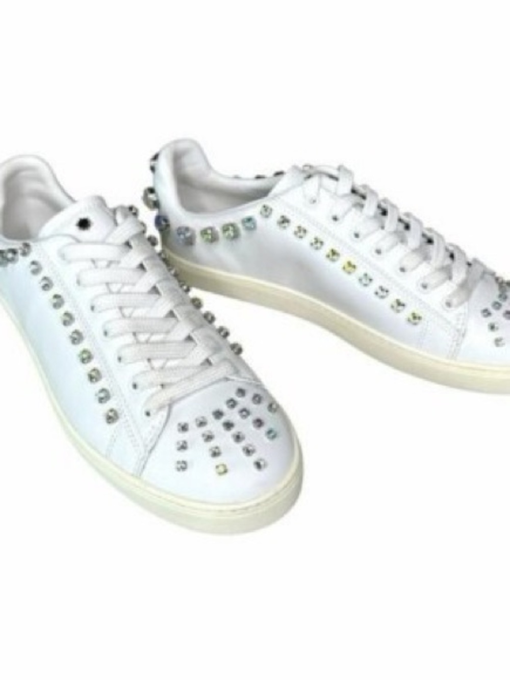 Stuart Weitzman White Leather Sneakers with Crystal Studs